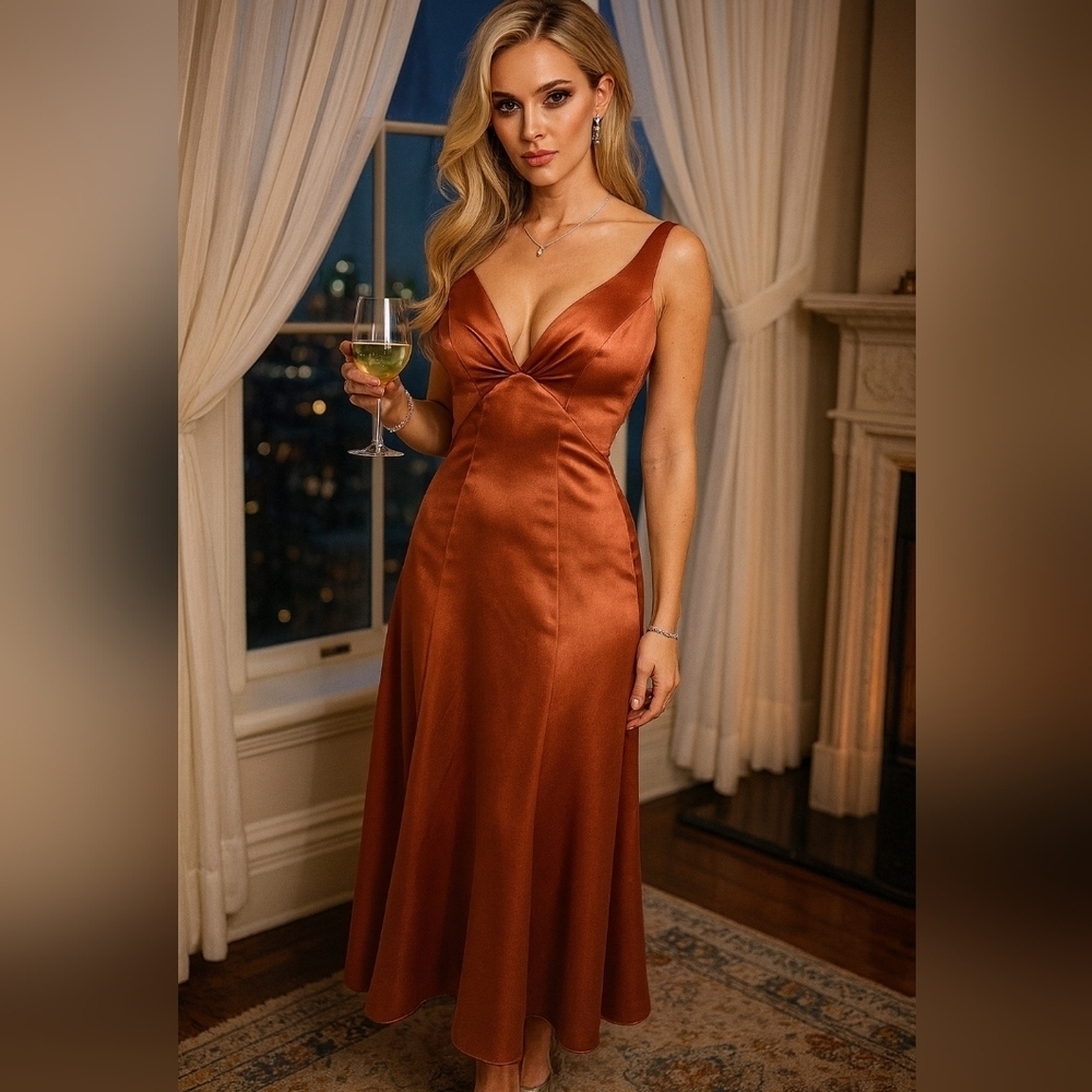 Source Unknown Rust Satin Maxi Dress.  Size 10, Ruching In The Back